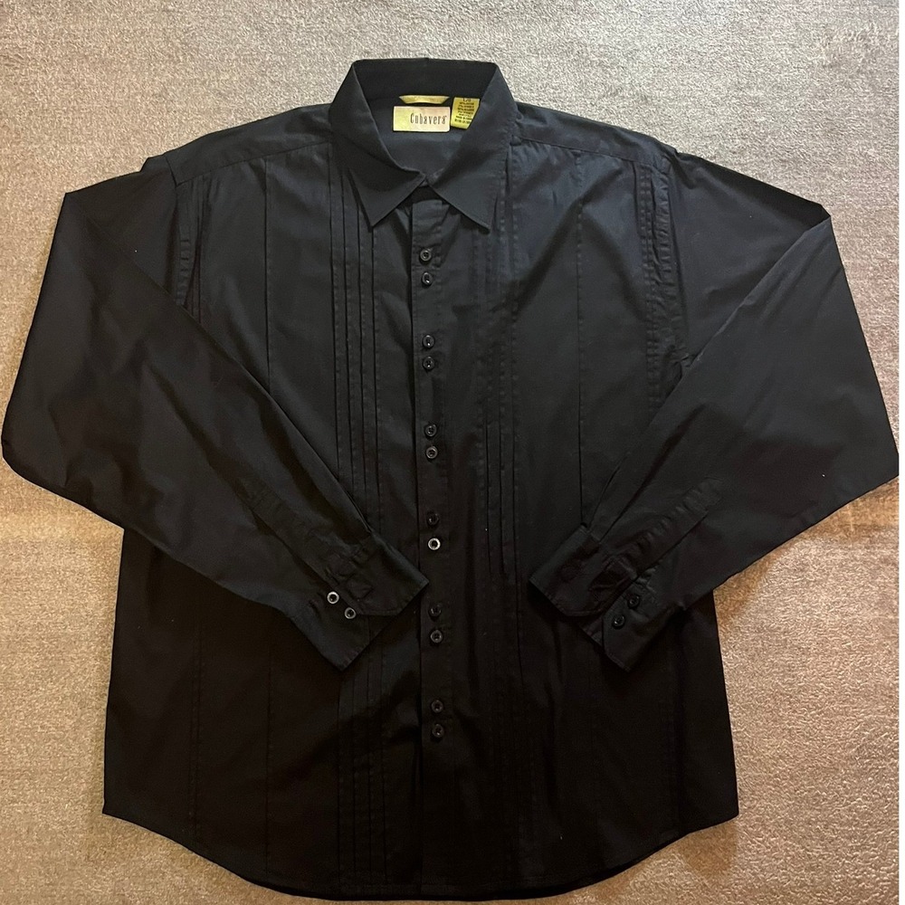 Cubavera Mens Large Black Long Sleeve Pleated Guayabera Style Button Down Shirt